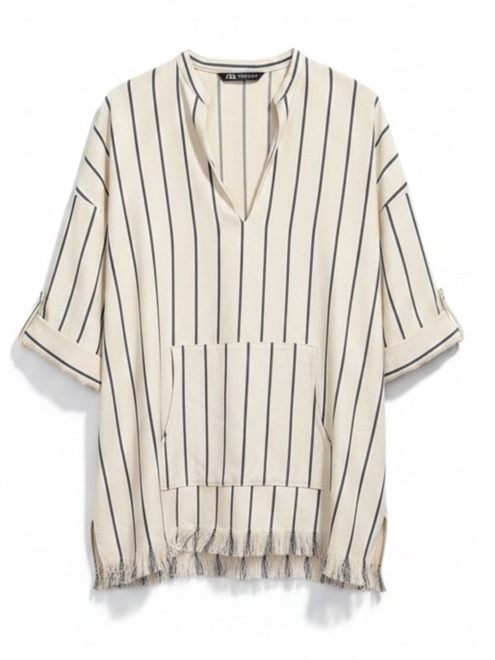 ZARA Striped Loose Fit V-Neck Fringed Tunic Top Women’s Size Large